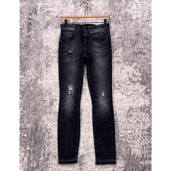 R13 Jeans 25 Womens Jenny Mid Rise Skinny Distressed Black Denim - Picture 1 of 8